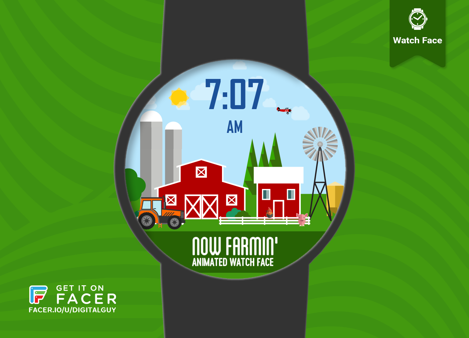 Now Farmin smartwatch face animated farm scene preview